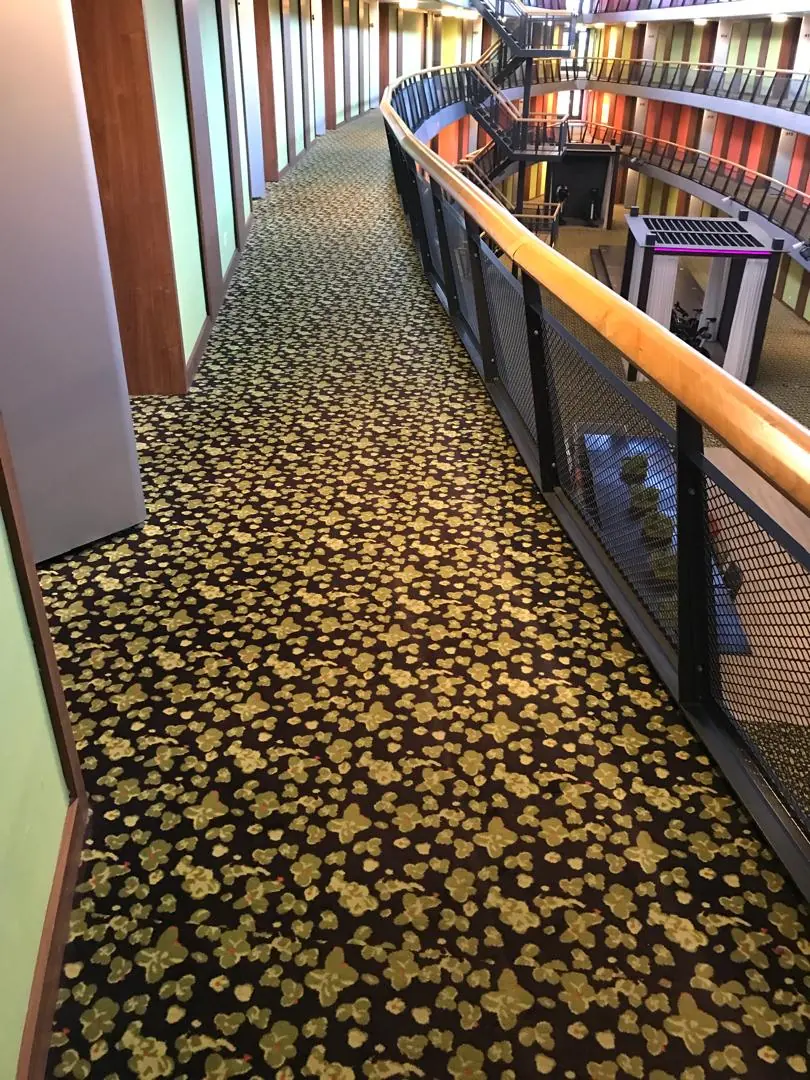 Atrium d'hôtel sur plusieurs étages avec moquette à motif floral