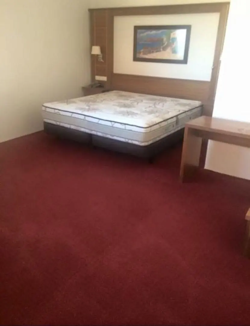 Chambre d'hôtel équipée avec moquette bordeaux